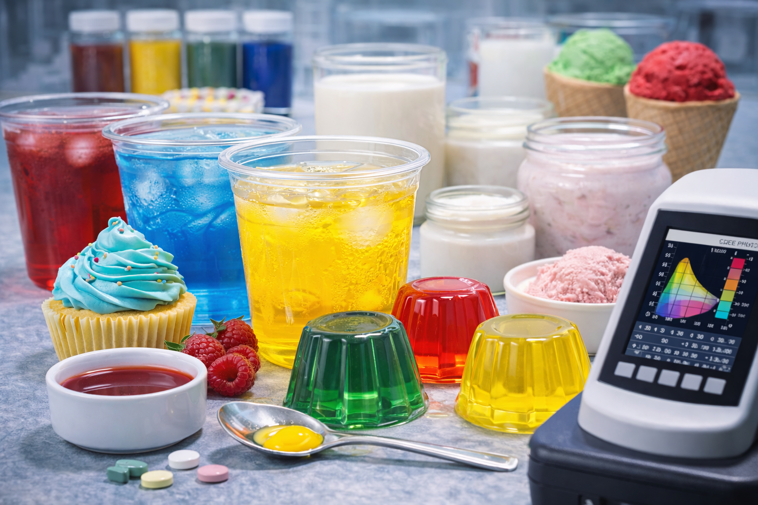 Применение пищевых красителей в напитках, кондитерских изделиях и молочных продуктах с контролем цвета