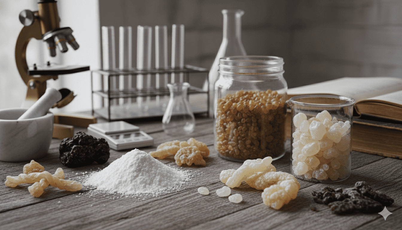 Различные виды натуральных камедей, порошки и смолы